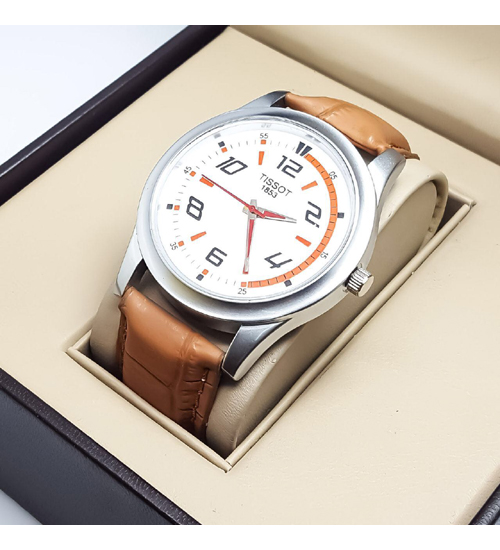 Dial Color: White, Case Shape: Round, Dial Glass material: Mineral\r\nBand Color: Brown, Band Material: Leather\r\nWatch Movement Type: Quartz, Watch Display Type: Analog\r\nCase Diameter: 38 millimeters\r\nWater Resistance Depth: 30 meters, Buckle Clasp